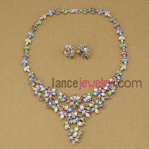 Elegant drop earrings and necklace set with mix color zirconia beads
