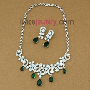 Striking green color zirconia beads decorated necklace and earrings set
