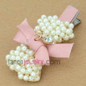 Nice imitation pearl beads decorated bow tie model hair clip 