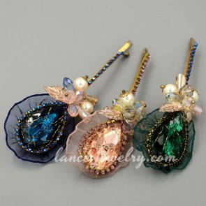 Fashion hair clip with plastic beads & crystal decoration 