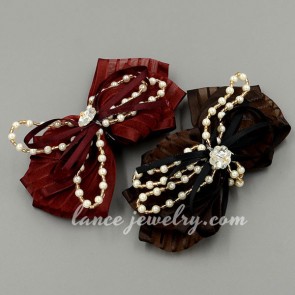 Special bowknot shape hair clip decorated with fabric & beads chain