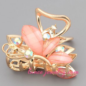 Sweet hair clip with zinc alloy & pink resin rhinestones