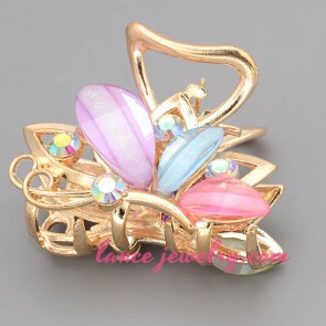 Cute hair clip with zinc alloy & colorful resin rhinestones