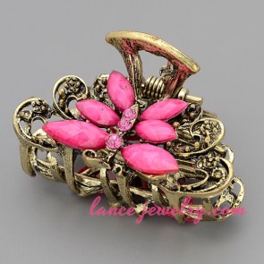 Nice hair clip with zinc alloy & rose red resin