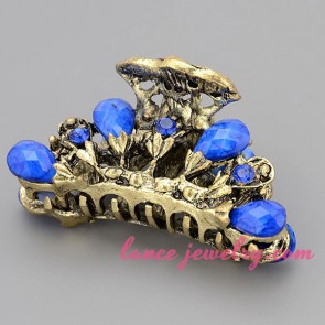Charming hair clip with zinc alloy & shiny blue resin beads