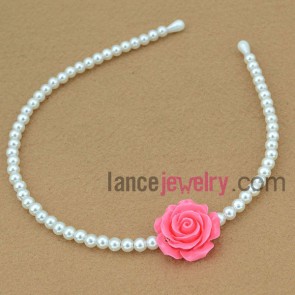 Delicate brass & imitation pearl with a  pink flower hair band