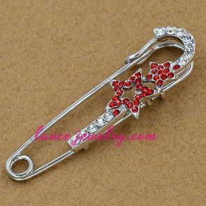 Unique safety pins model with red color rhinestone beads brooch