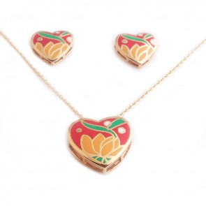 Heart Shape Exotic Lotus Enamel Jewelry Set