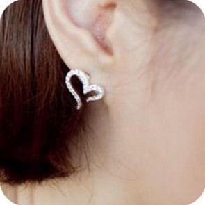 ladies rhinestone love earrings peach heart silver plated ear stud