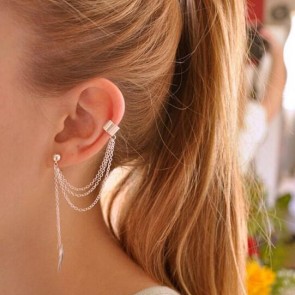 personalized unilateral ear clip metal leaf tassel earrings 