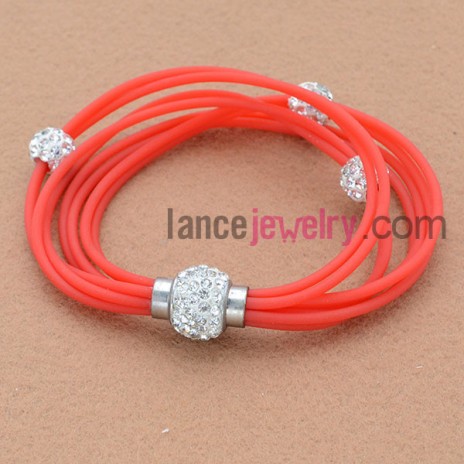 Fashion rhinestone bead and alloy findings florescen color leather bracelet