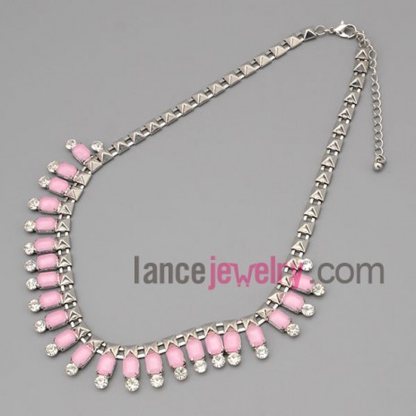 Sweet necklace with silver metal chain and brass parts and shiny rhinestone and pink crystal 