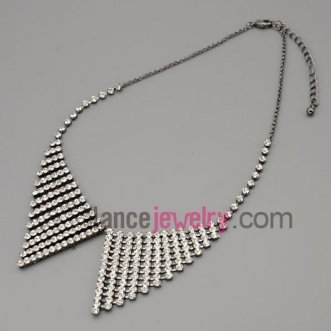 Special necklace with silver metal chain and brass parts and shiny rhinestone with triangle pendant 