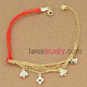 Classic red string & alloy decoration chain link bracelet