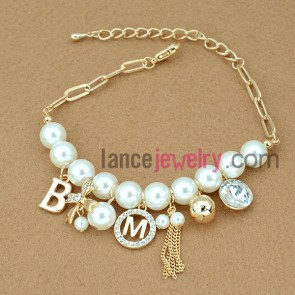 Classic beads chain link bracelet with letter & rhinestone decoration