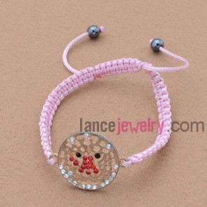 Sweet rhinestone alloy parts decorated weaving bracelet