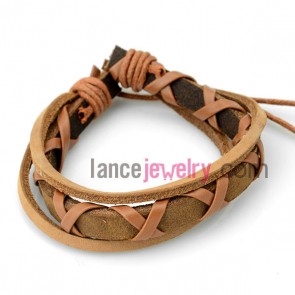 Fashion bracelet with brown  leather decorated bright orange
rubber
