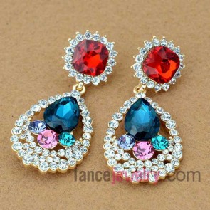 Cute sunflower model drop earrings decorated with red crystal and rhinestone