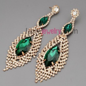 Elegant earrings with brass claw chain pendant decorated shiny rhinestone and green crystal beads 
