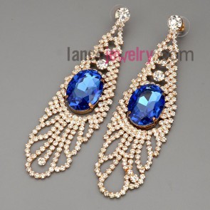 Romantic earrings with brass claw chain pendant decorated shiny rhinestone and blue crystal beads 