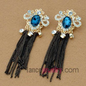 Distinctive blue crystal tassel earrings