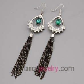 Fantastic earrings with zinc alloy  decorated shiny rhinestone and green crystal and metal chain pendant
