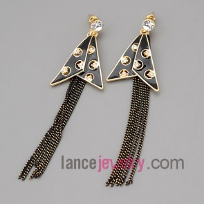 Cool earrings with zinc alloy triangle decorated shiny rhinestone and chain pendant 
