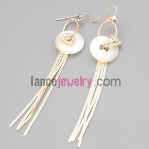 Nice earrings with zinc alloy rings decorated shiny rhinestone and chain pendant 