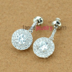 Striking earrings with copper alloy pendant decorated transparent  cubic zirconia with cute circle
