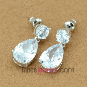 Striking earrings with copper alloy pendant decorated transparent  cubic zirconia with drop shape