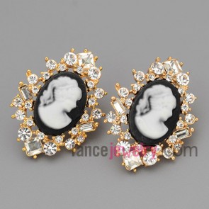 Romantic stud earrings with gold zinc alloy decorated shiny rhinestone and resin with  beautiful woman