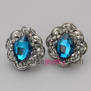Nice stud earrings with zinc alloy decorated many rhinestone and deep blue crystal