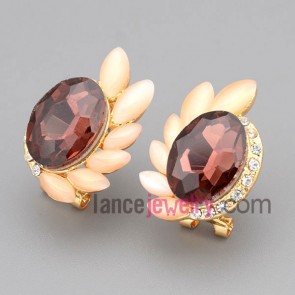 Fashion stud earrings with zinc alloy decorated many rhinestone and orange crystal and cat eyes