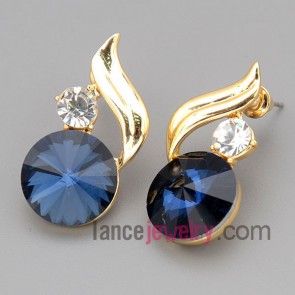 Cute stud earrings with zinc alloy decorated many rhinestone and deep blue crystal