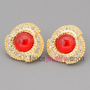 Dazzling stud earrings with zinc alloy decorated many rhinestone and red crystal