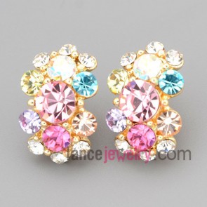 Colorful stud earrings with zinc alloy decorated multicolor rhinestone 