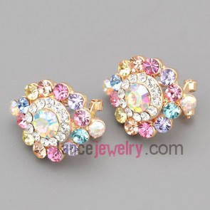 Colorful stud earrings with zinc alloy decorated multicolor rhinestone 