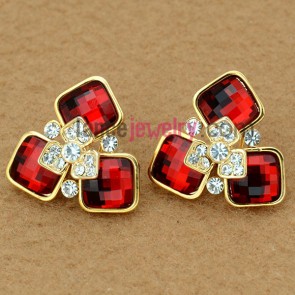 Classic rhinestone & red crystal decoration stud earrings 