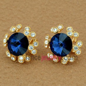 Beautiful flower model earrings decorated with rhinestone & blue crystal 
