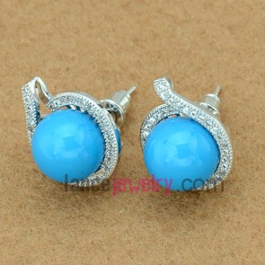 Elegant blue color glass beads decorated stud earrings