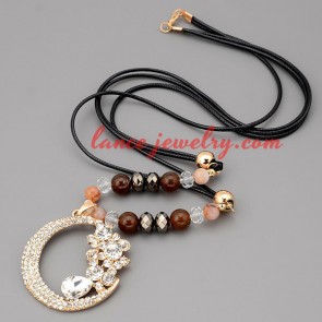 Romantic necklace with black hide rope & cute lunate pendant 