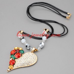 Fascinating necklace with black hide rope & colorful heart pendant 