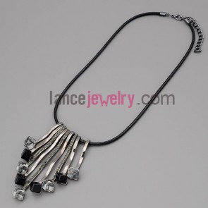 Cool necklace with black hide rope and alloy part decorate different crystal pendant