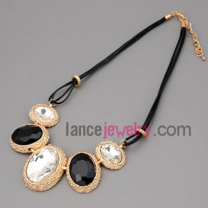 Simple necklace with black hide rope and alloy part decorate black and white crystal pendant