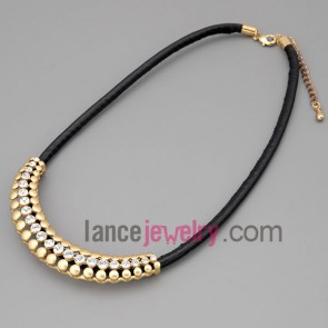 Charming necklace with black hide rope and metal chain & alloy part decorate shiny rhinestone 