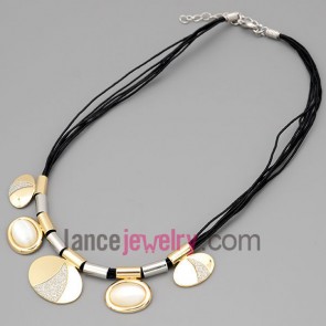 Retro necklace with black hide rope and metal chain & alloy part decorate cat eyes and pearl powder 