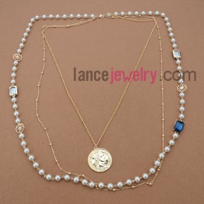 New Design Sweater Chain Necklace with Alloy Fingings,Pearl,Glass