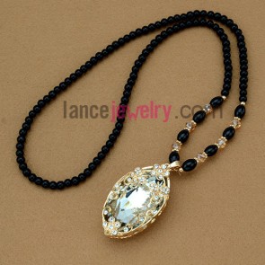 Rhinestone flower ornate glass pendant sweater chain necklace