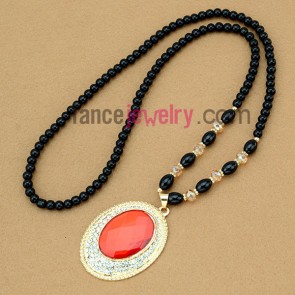 Trendy red oval glass pendant sweater chain necklace