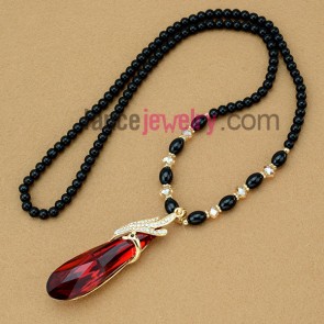 Trendy red drop crystal pendant sweater chain necklace